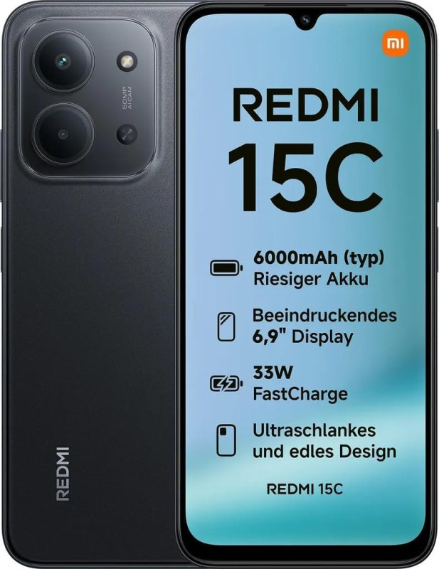 Redmi 15C 256GB, 6000mAh 2-Day Battery, 33W Fast Charge, 6.9" 120Hz, IP64 Water Resistant, 50MP AI Camera,m18-Month Warranty - Black Midnight
